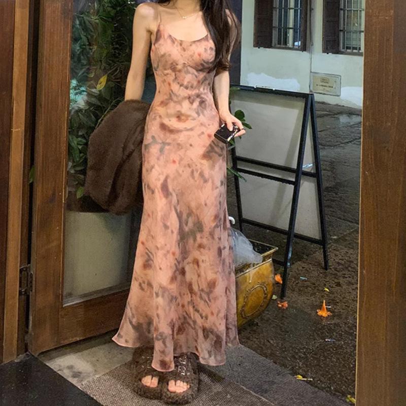 

Новое летнее элегантное платье с высокой талией с принтом и принтом «рыбий хвост» на талии, новинка, во французском стиле L коричневый