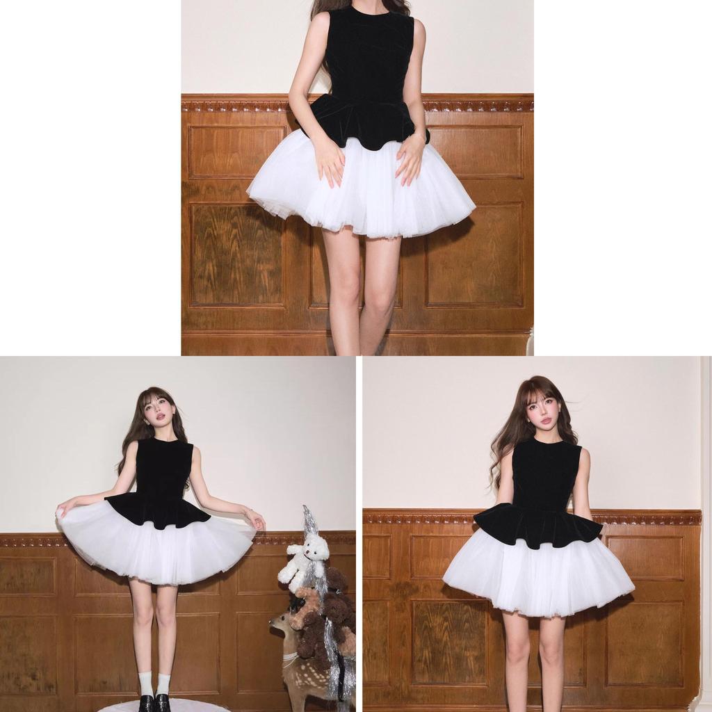Basic Polyester Spliced Princess Dress With Puff Sleeves For Summer 2025