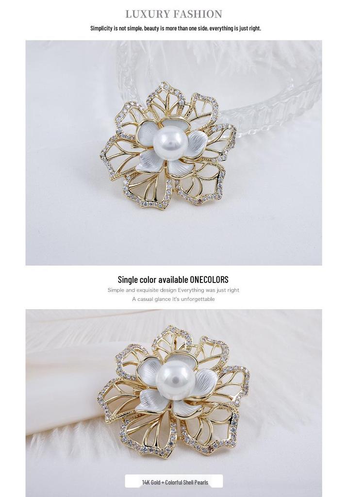 High-End Zircon-Inlaid Camellia Pearl Brooch for Women – Elegant Anti-Exposure Corsage Pin