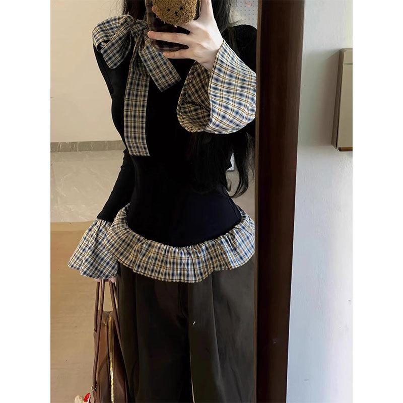 

Клетчатый бант, двухслойный женский топ с длинным рукавом, приталенного кроя, на все сезоны S чёрный