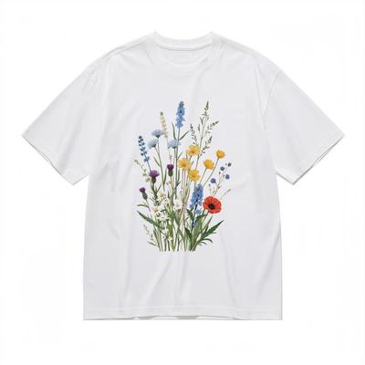 Herren Klassisches T-Shirt Bunt Floral mit Grünen Stängeln und Blättern Grafik-T-Shirt
