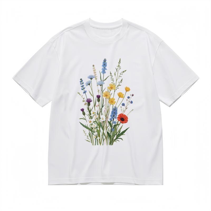 Women's Classic T-Shirt Colorful Floral with Green Stems and Leaves Graphic Tee