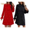 Women Dress Lace-up Bow Faux Pearl A-line Puff Sleeves Pure Color Above Knee Length Mini Dress Prom Party Dating Short Dress