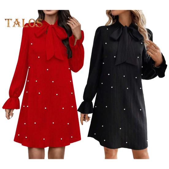 Women Dress Lace-up Bow Faux Pearl A-line Puff Sleeves Pure Color Above Knee Length Mini Dress Prom Party Dating Short Dress
