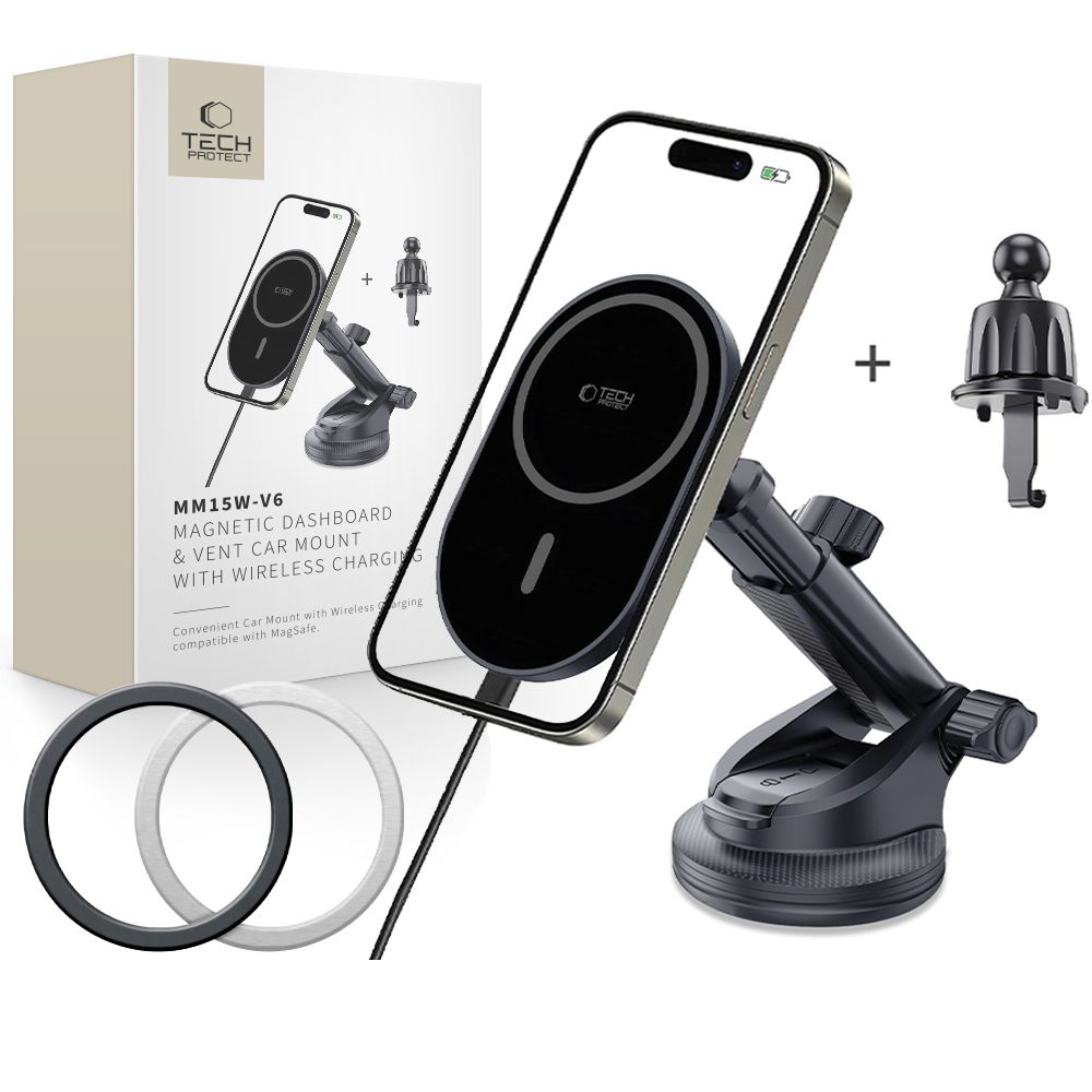 Tech-Protect Mm15W-V6 Magnetic Magsafe Dashboard & Vent Car Mount Wireless Charger 15W Black/Black
