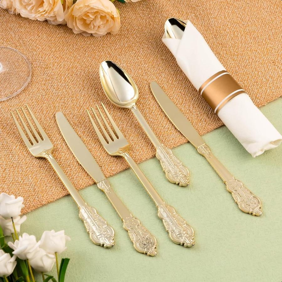 75PCS Gold Plastic Silverware for 25 Guests Heavy Duty Gold Disposable Utensils Sets Includes 25 Forks 25 Spoons 25 Knives Eleg