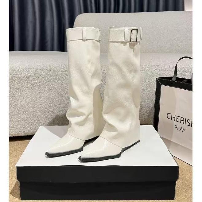 Sheepskin version~ Pointed Spice Girls Style White Boots Women's Belt Buckle Slope Heel Skinny Pants Boots Knight Boots