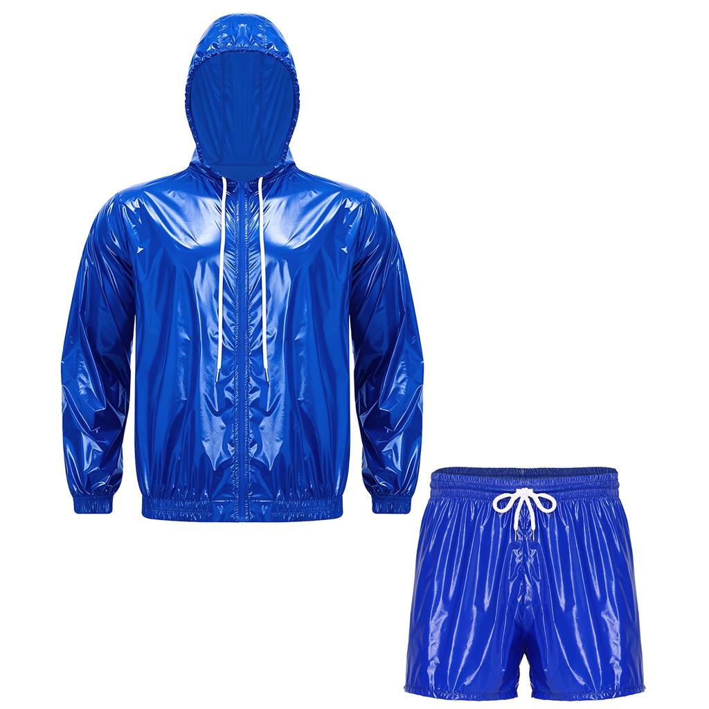 Mens Waterproof Sportswear Long Sleeve Zip Up Hooded Jacket Windbreaker Built-in Briefs Boxer Shorts Sweat Outfit