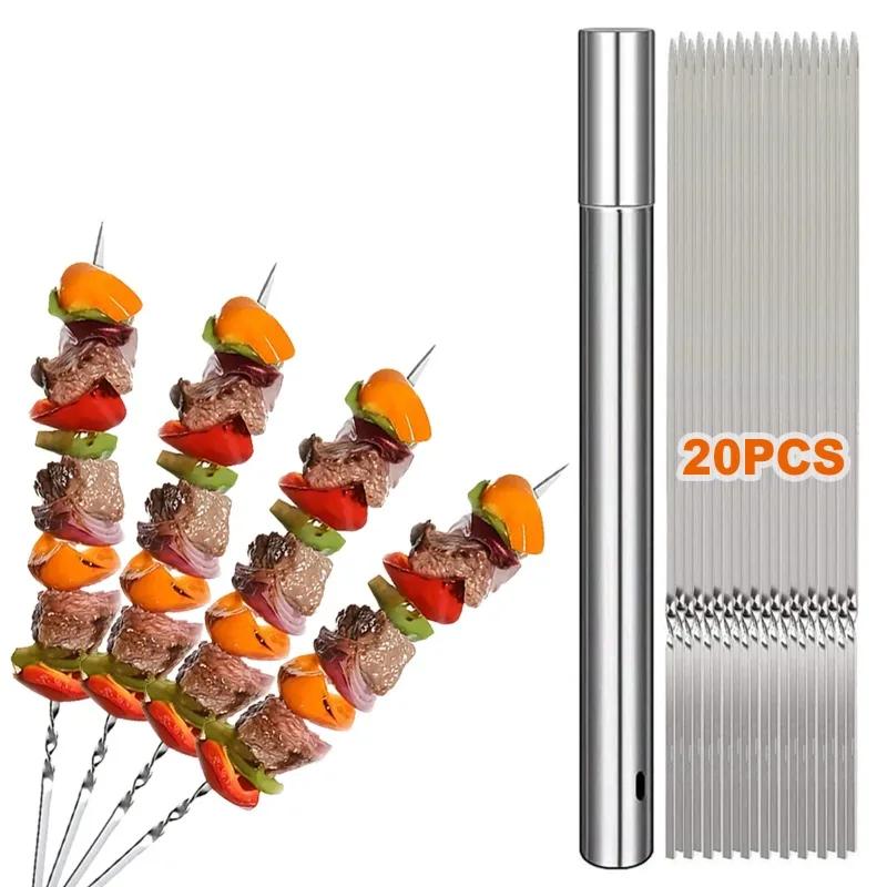 20Pcs Stainless Steel Barbecue Skewer Reusable Flat BBQ Needle Stick with Storage Tube Barbecue Tools for Outdoor Camping Party