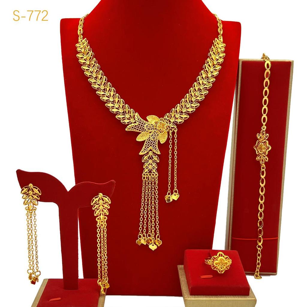 Elegant Arabic Wedding Tassel Necklace Set - 24K Gold-Plated Jewelry, Four-Piece Collection