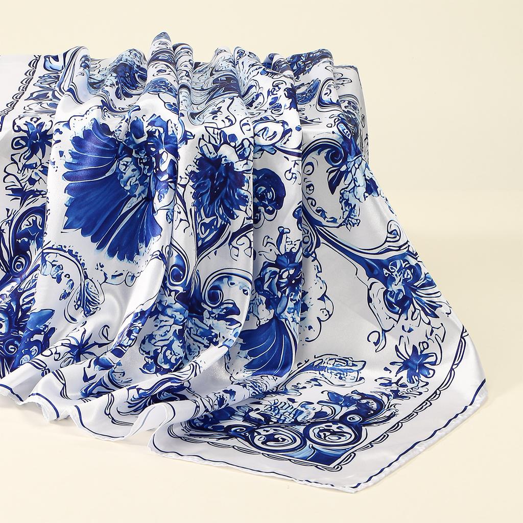 New Blue and White Porcelain Bandana Head Wraps for Woman Satin Square Scarf Muslim Printed Hijab Turban Ladies Square Headband