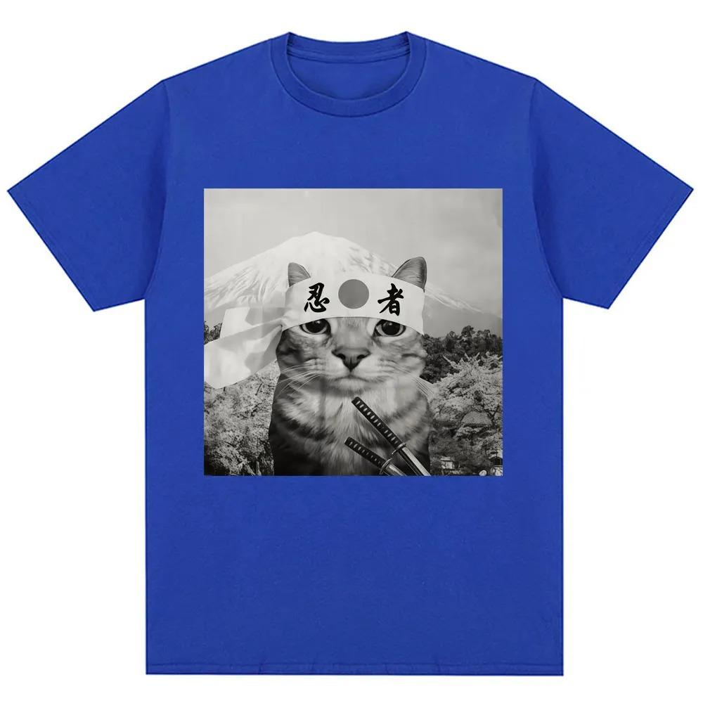 Funny Japanese Samurai Cat Meme Graphic TShirt Unisex Trendy Vintage Humorous Oversized 100 Cotton Casual Short Sleeve Tee