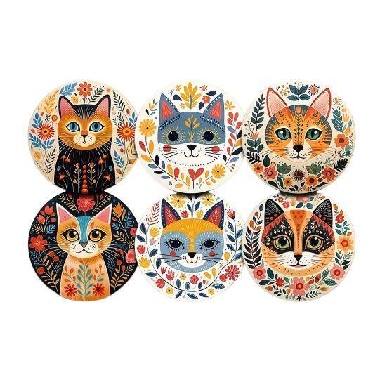 Solid Wood Cup Holders for Workstation 6 Pcs Cute Cat Coasters, Thick Heat-Resistant Coaster Tabletop Protection, Non-slip Mats Non Slip Drink
