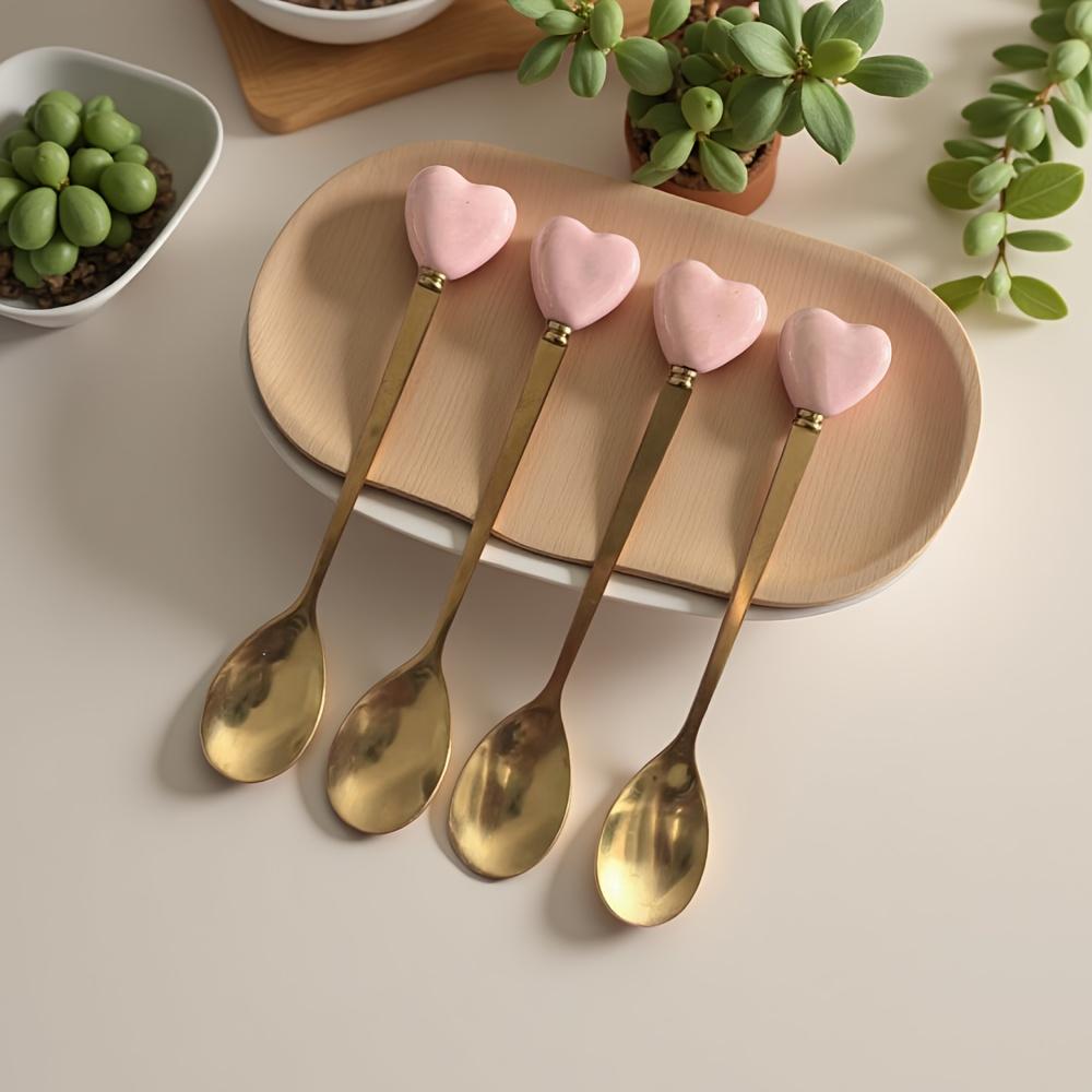 

4pcs Premium 410 Stainless Steel Spoon, Heart Ceramic Handle Gold Plated, Perfect for Afternoon Tea Wedding Dessert светло-серый