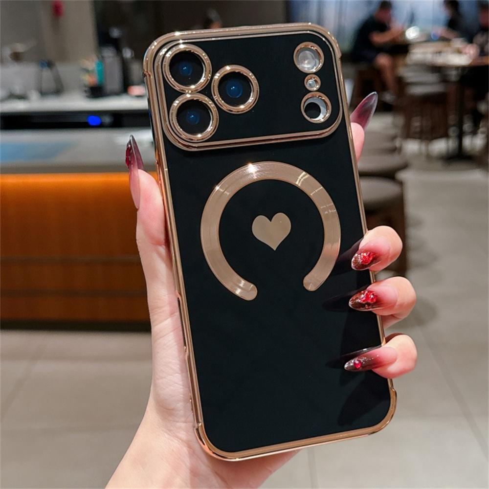 For iPhone 17 Pro Max Magnetic Case Electroplating Soft TPU Cover with Cute Love Heart
