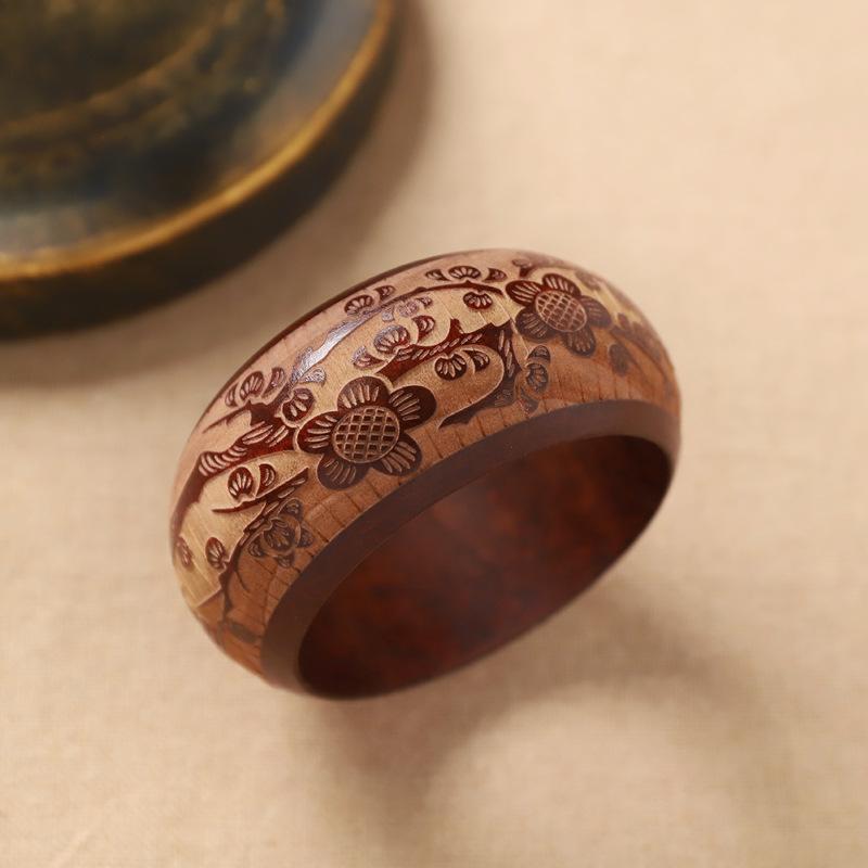 Retro breites Holzarmband - Chinesischer ethnischer Stil Handring - Holzschnitzerei Armband