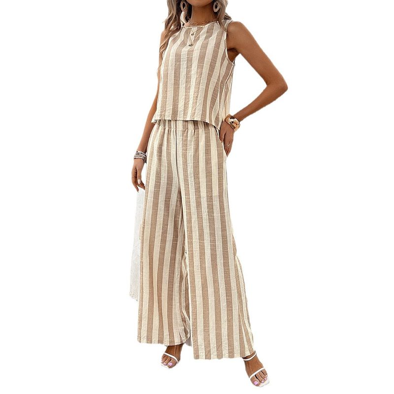 Striped Wide Leg Set Fashion Summer Women's Clothing Fashion Round Neck Sleeveless Casual Stripes Wide Leg Suit