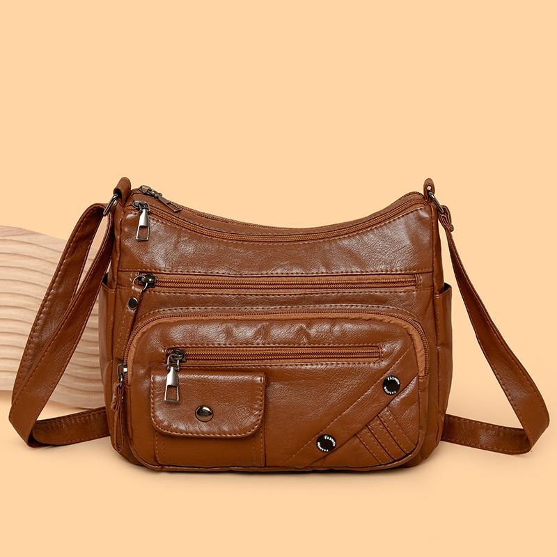 Dameveske i mykt skinn Mammaveske Flere rom Flere glidelåser Stor kapasitet Skulderveske Crossbody-veske