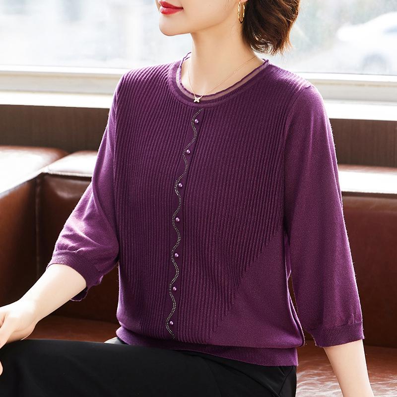 Stylish Thin Base Layer Knit T-Shirt for Middle-Aged Women, Small Size, Mid-Sleeve, Perfect for Spring and Autumn