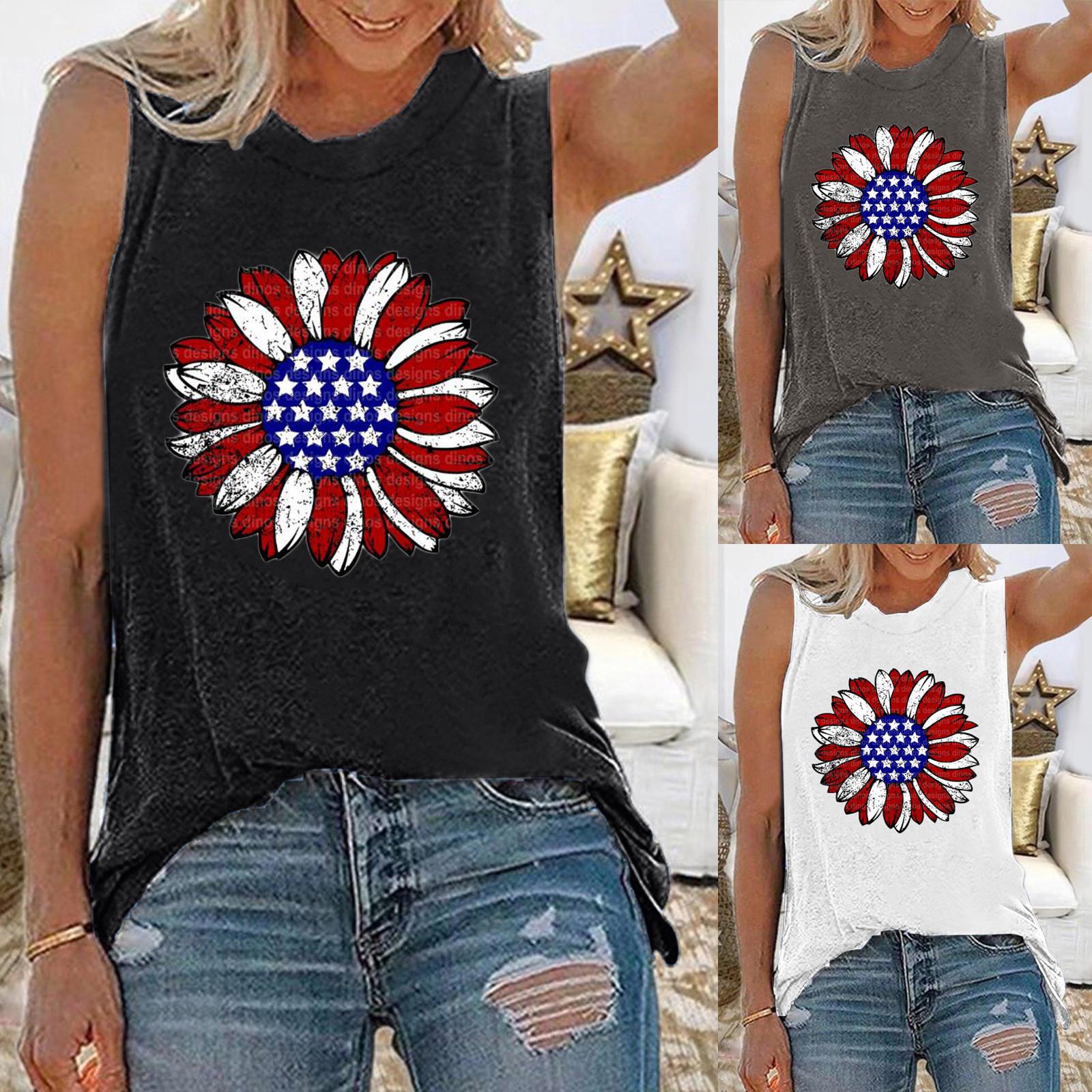 

Women s Casual Round Neck Summer Sunflower Print Sleeveless Vest Top