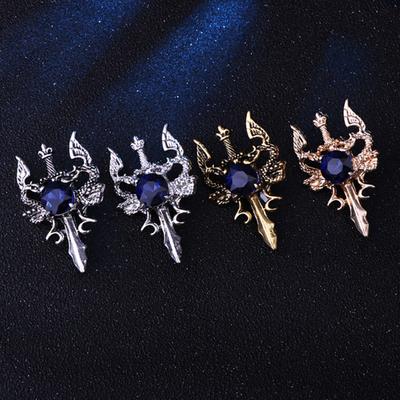 Retro Dragon Blade Brooch Men Animal Rhinestone Lapel Pin Suit Shirt Badge Jewelry Gift Accessories