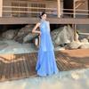 Seaside Holiday Style Blue Fresh and Trendy Neck Long Dress French Sleeveless Ruffle Edge Design Pleated Dress