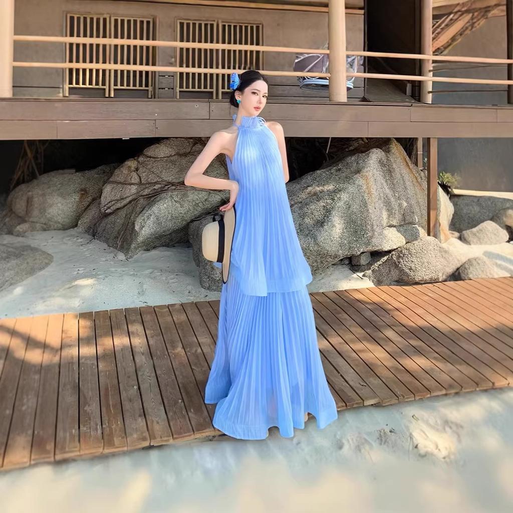 Seaside Holiday Style Blue Fresh and Trendy Neck Long Dress French Sleeveless Ruffle Edge Design Pleated Dress