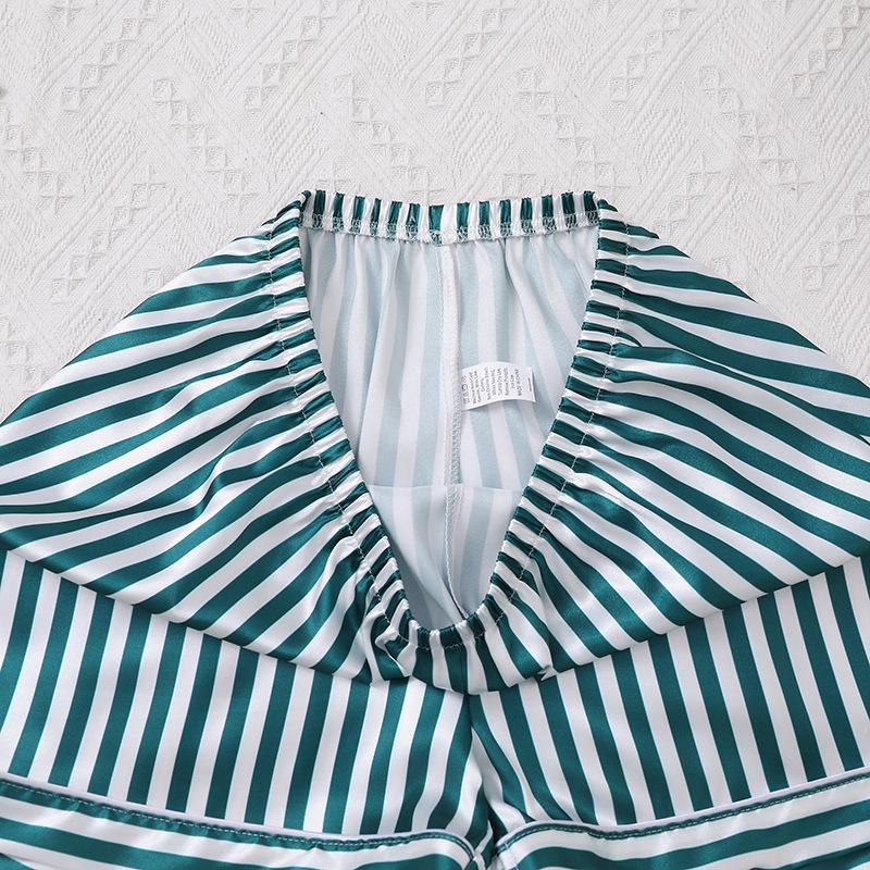 Women's Pinstripe Satin Pajama Set: Short Sleeve Cardigan & Elastic Waistband Shorts