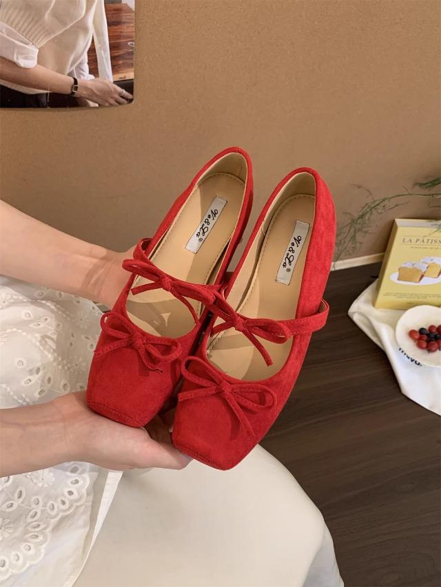 Fashion Women's Mary Jane Shoes Soft Butterfly Knot Thick Bottom Velvet Surface Increased Height Spring Single Shoes Korean Style