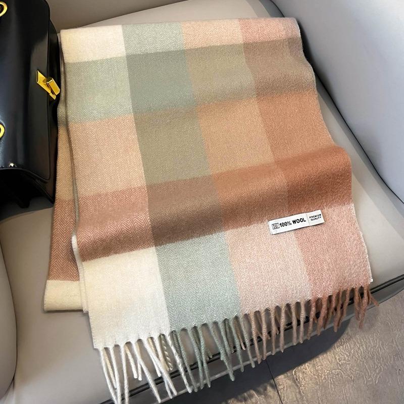 100 Wool Scarves for Men and Women's Winter New High-end Green Plaid Winter Versatile Scarf