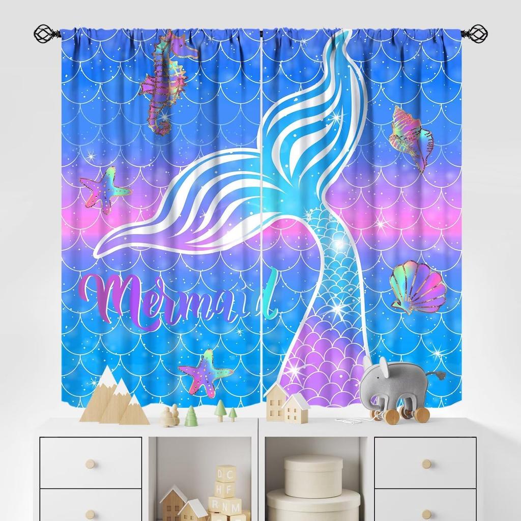 Kids Sea Animal Curtains Teens Boys Girls Bedroom Nursery Decor Cartoon Sharks Art Printed Window Drapes Fabric Light Blocking Polyester Sleeping Area