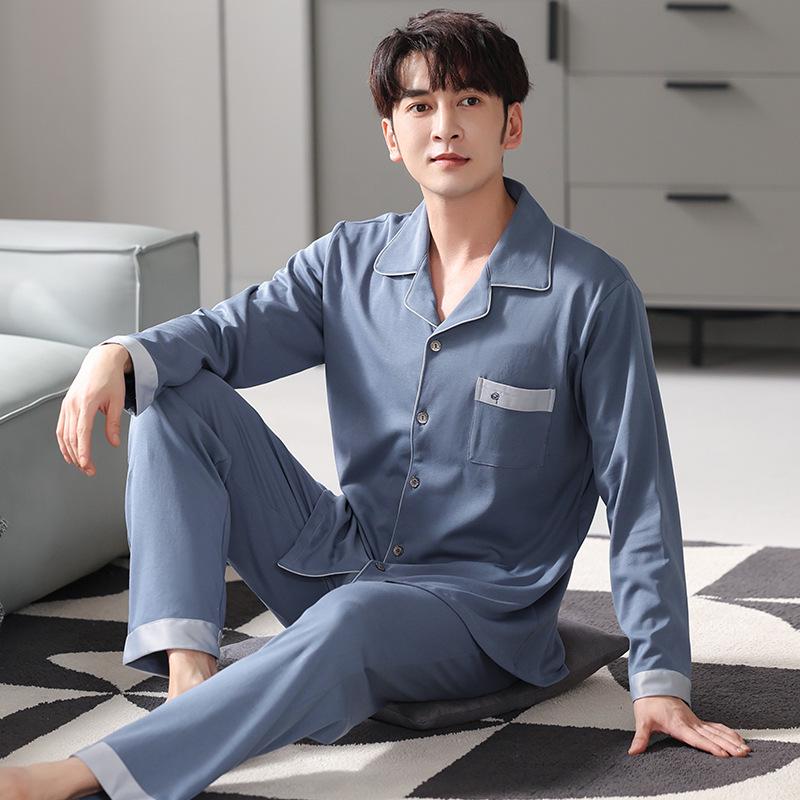 Herren Herbst/Winter Baumwoll-Pyjama-Set - Gestreiftes Karomuster Strickjacke & Langarm Zweiteiler