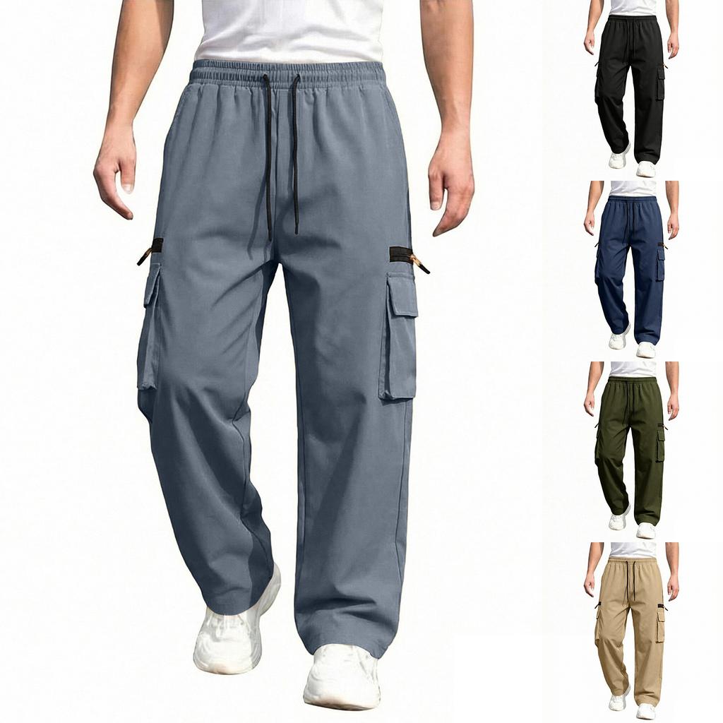 Men's Multi Pocket Work Pants Casual Loose Fit Utility Trousers with Drawstring Waist Durable Material for Daily Wear