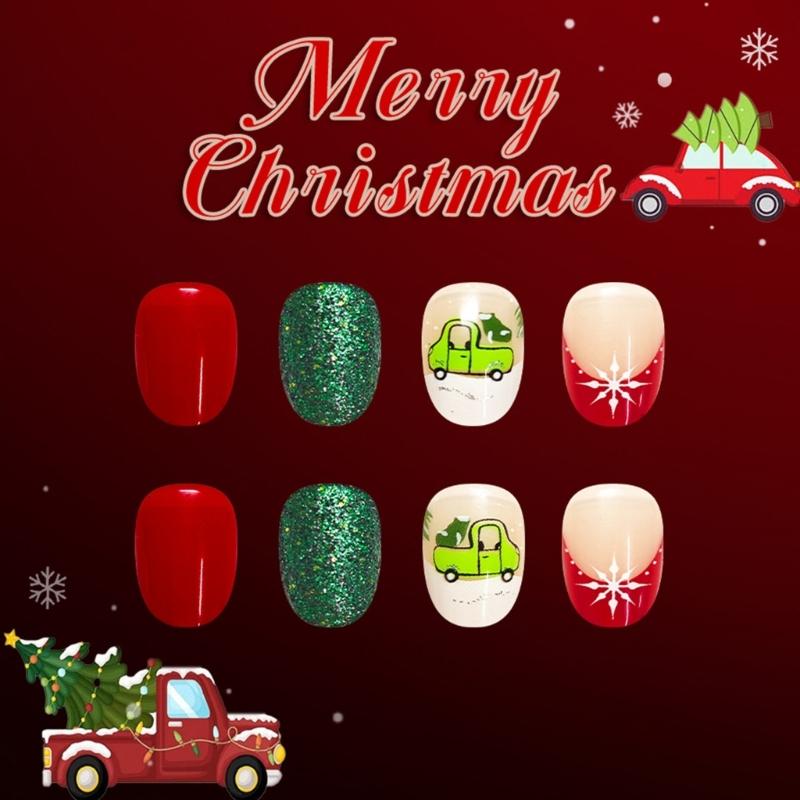 Plastic French Flash Press On Fingernail Short Oval False Fingernail With Snowflake Design For Women Gift Party Occasions