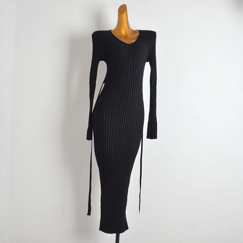 French Style New Arrival Solid Color and V-neck Sunken Stripe Long Sleeves Knitting Dress Women's Clothing Fall/Winter Slim Slim Looking Base Dress