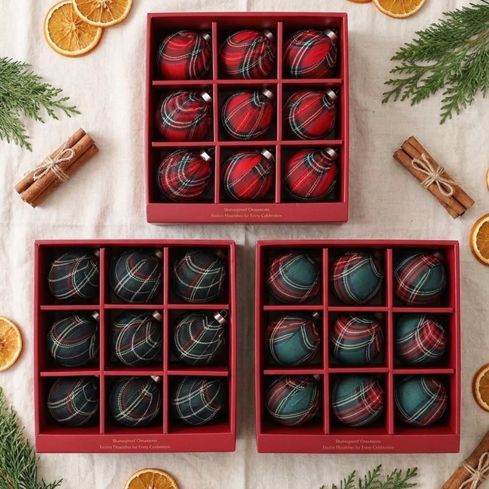 9Pcs Vintage Plaid Fabric Christmas Ball Set Grid Pattern Christmas Gift Spheres Home Decor