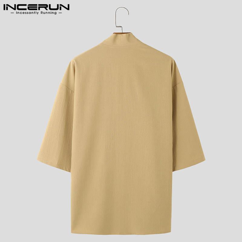 INCERUN Hauts à manches 3/4 pour hommes, chemises kimono amples et décontractées à lacets sur le devant