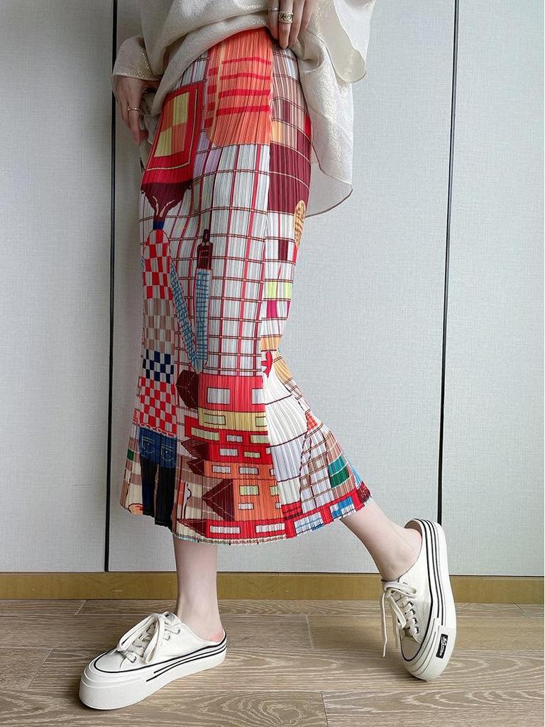 Miyake Cartoon Character Pleated Mid-Length Skirt with Plaid Print and Back Slit