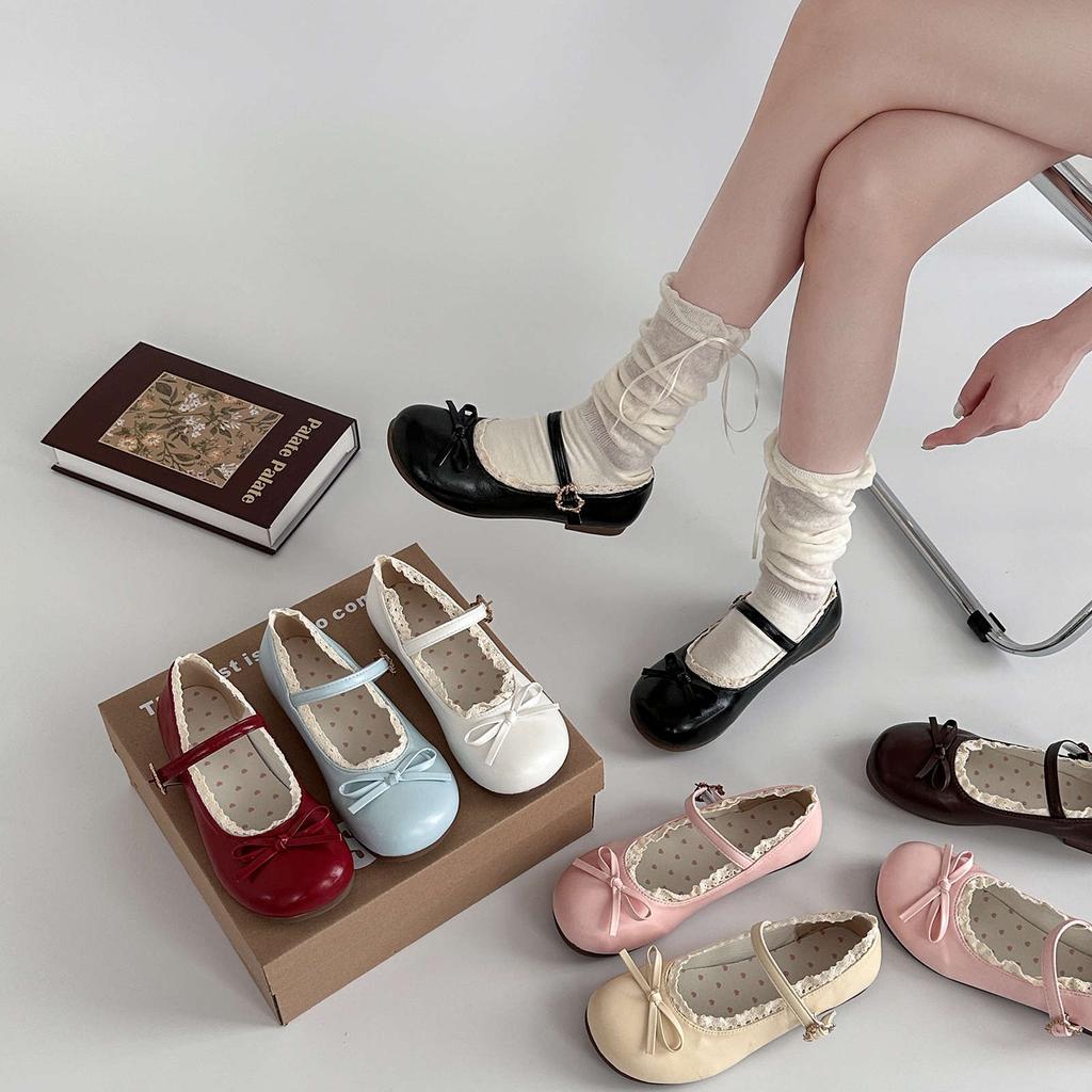 French polka dot lace Mary Jane shoes women's summer fashion cute round head leather shoes bow word with single shoes