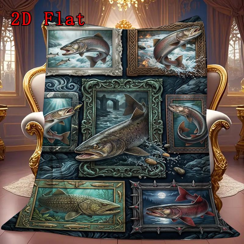 Salmon Majesty 2D Flat Pattern Flannel Blanket, High Quality All Seasons, Home Decor, Warmth and Comfort, Perfect for Christmas Gifts.