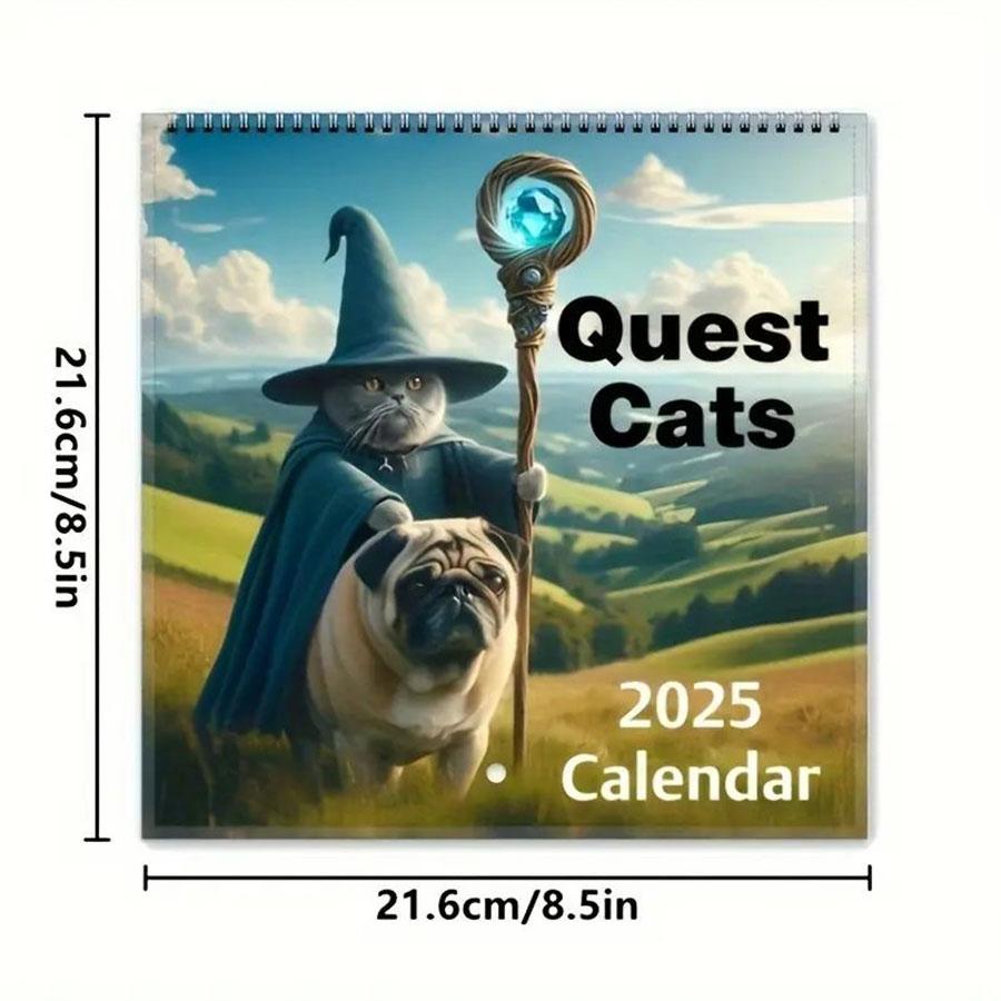 1pc 2025 Medieval Adventure Cat Calendar - Monthly Wall Hanging Planner with Artistic Feline Characters,  and Living Room Decor