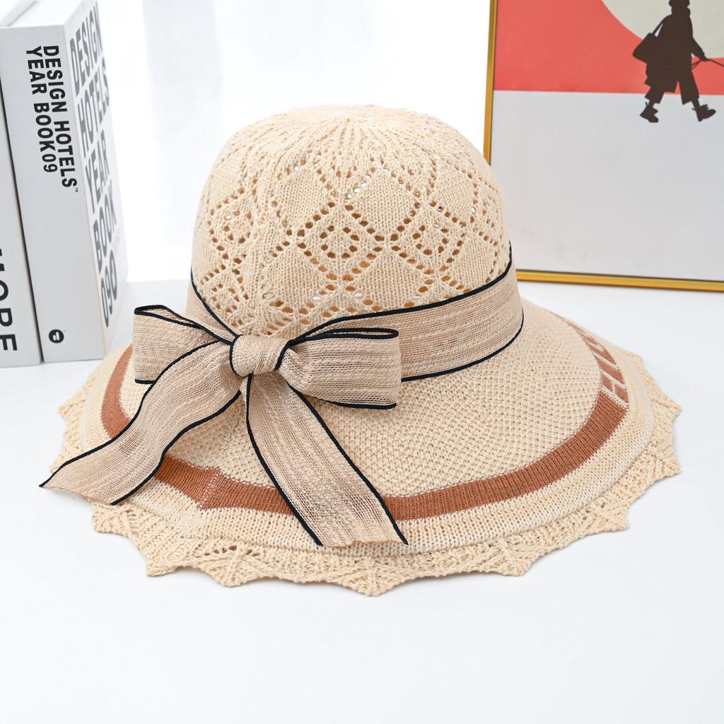 Summer New Versatile Sun Protection and Sunshade Hat Fashion Women's Knitted Fisherman Hat Foldable Ribbon Straw Hat Women