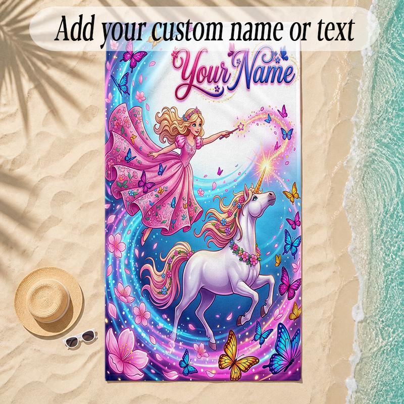 Unicorn Theme Soft Beach Towel Personalized Custom Name Text Towel Portable for Beach Pool Travel