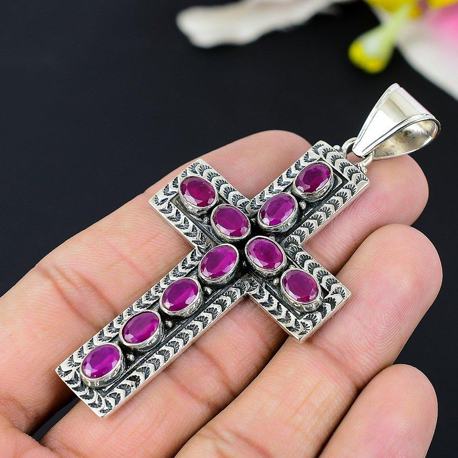 Red Jade Gemstone Handmade 925 Sterling Silver Jewelry Pendant 2.84" KG-125