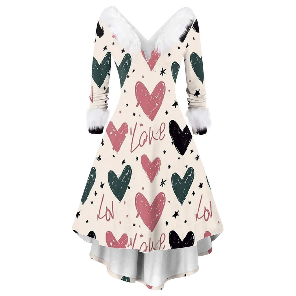 Damen stilvolles und elegantes langärmeliges V-Ausschnitt Kleid mit Valentinstags-Herzprint
