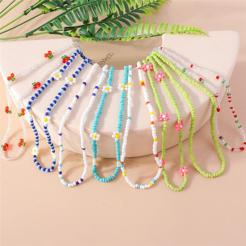 Summer Boho Korea Lovely Flowers Seeds Beaded Necklace Statement Short Collar Choker Necklace for Women Vacation Jewelry Gifts