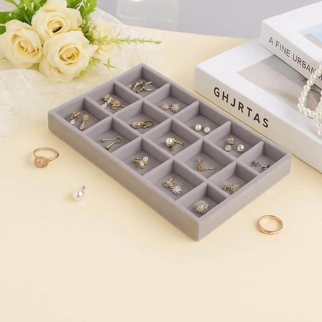 Velvet Jewelry Box with Drawer: Grey Multifunctional Tray for Necklaces & Rings