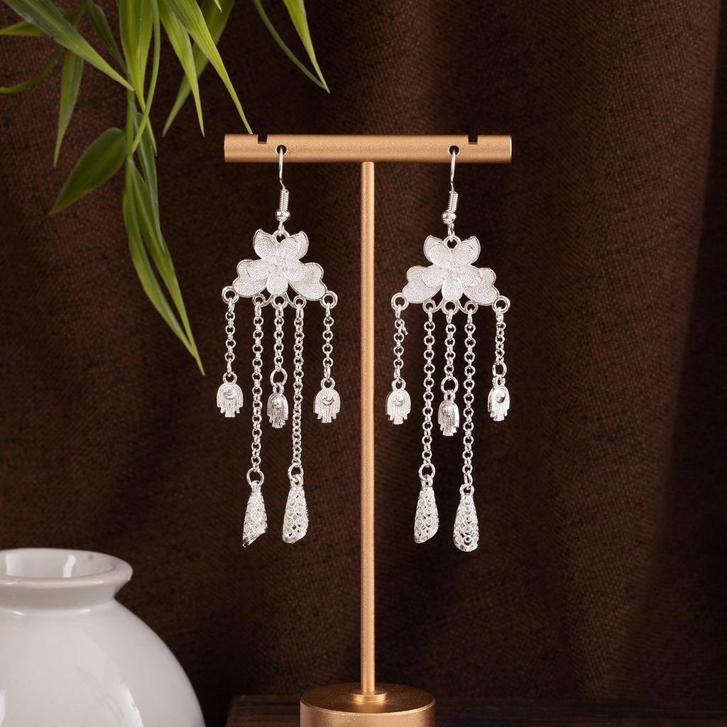 Miao Silver Tassel Earrings: Ethnic Style, Fashionable Exaggeration, Light Luxury Design