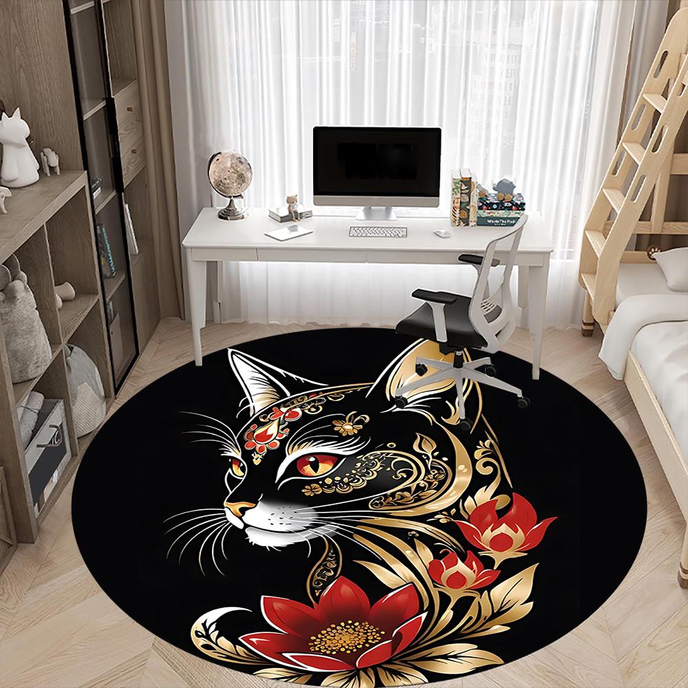 1pc Cat Flowers Office Round Area Rug, Indoor Mat Suitable ForOffice, Under Office Chairs Bedroom Living Room Home Decor, Room Deco 011