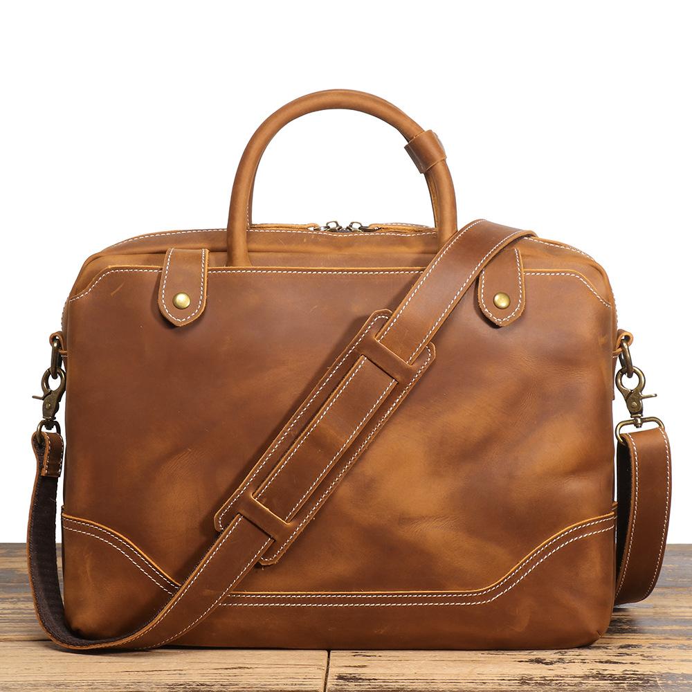 Retro Men'S Genuine Leather Handheld Briefcase Crazy Horse Leather Shoulder Messenger Computer Bag Large Capacity Cowhide Business Bag